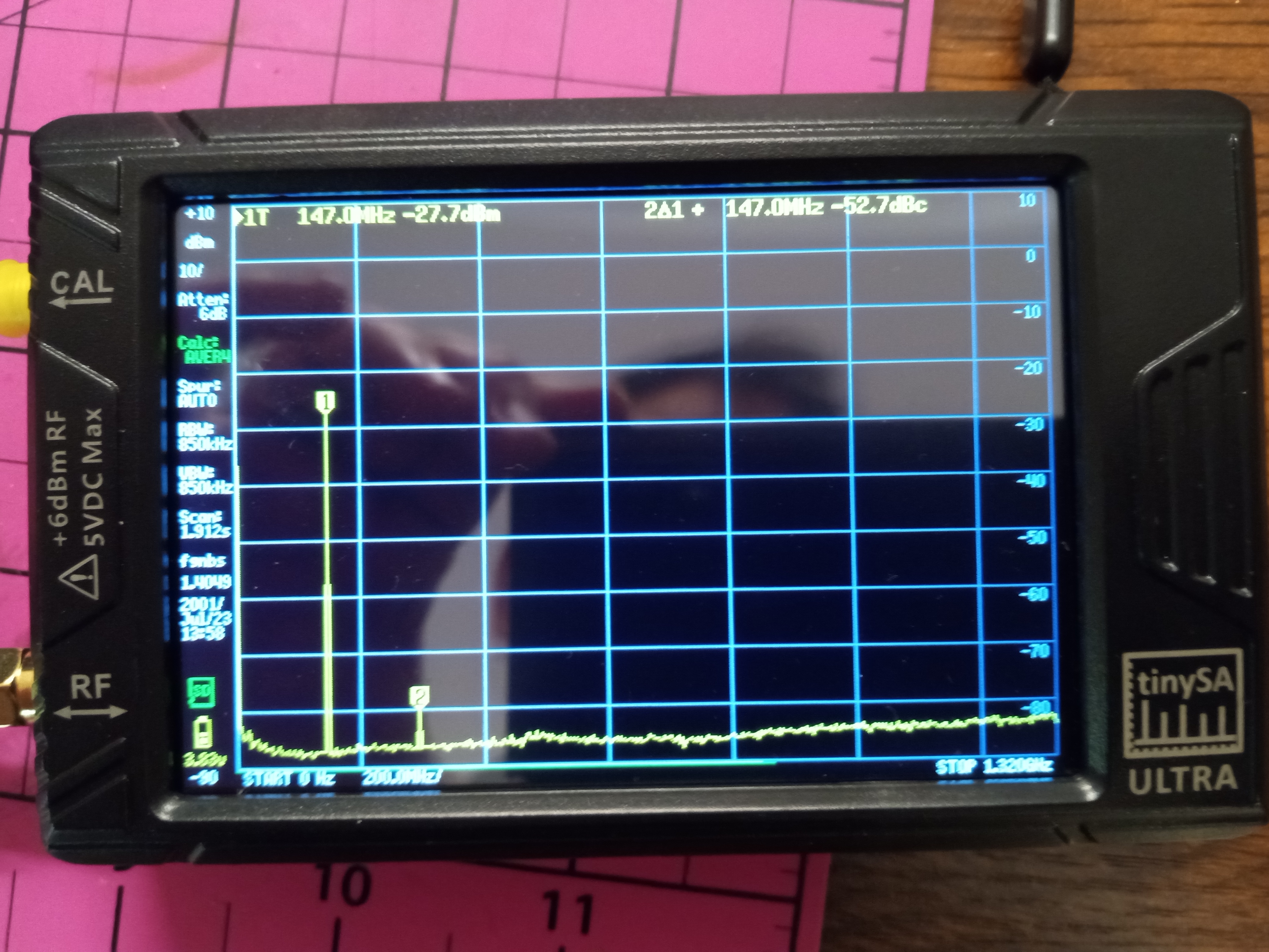 A photo of a TinySA measuring the spurious emissions of the kv4p HT v1.7, the graph shows a single large spike at the transmitting frequency.